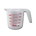 Clear measuring cup with red measurement markings on a white background