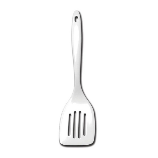Metallic slotted spatula on a white background