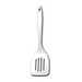 Metallic slotted spatula on a white background