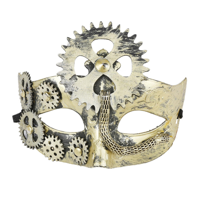 Steampunk-style metal mask featuring large decorative gears, a snake motif, and a central skull-like cutout on a plain white background.