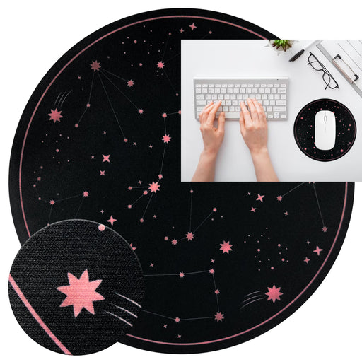 Round black mouse pad with pink star design, placed on a desk setup.