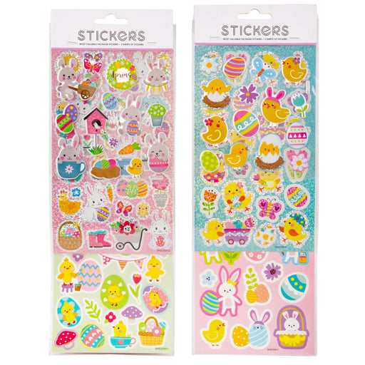 Two packages of Easter-themed stickers with colorful designs on a white background.
