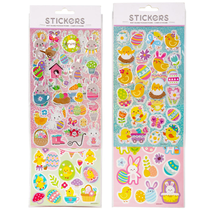 Two packages of Easter-themed stickers with colorful designs on a white background.