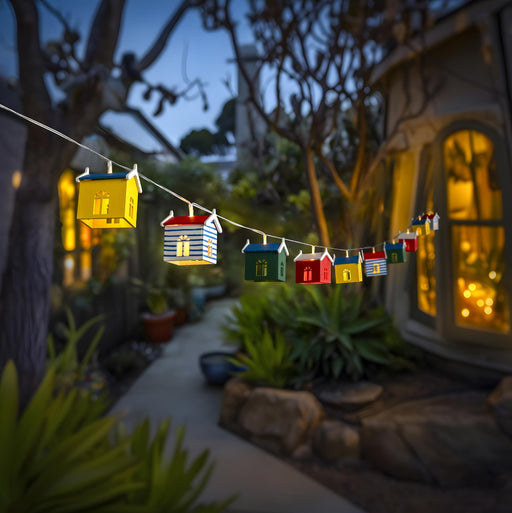 String lights shaped like colorful houses in a garden setting