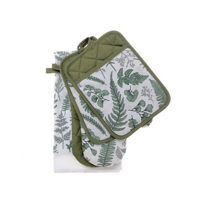 5-piece kitchen set with green and white fern leaf print, including 2 oven mitts, 2 pot holders, and 1 hand towel.