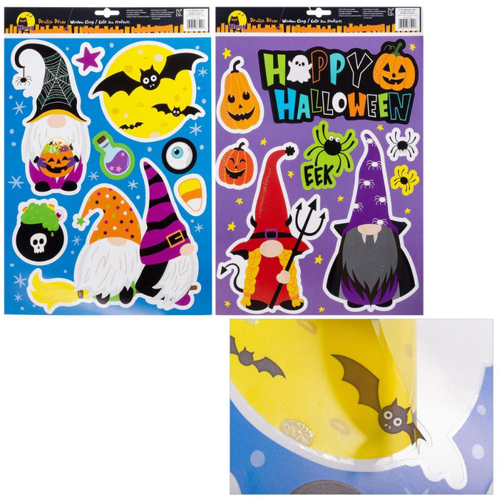 Two Halloween-themed sticker sheets and a close-up of a printed sticker design. The left sheet has gnome and witch stickers on a blue background, the right sheet has a 'Happy Halloween' design with pumpkins, ghosts, and a spider on a purple background, and the bottom-right close-up shows a yellow moon and bat sticker detail.