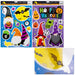 Two Halloween-themed sticker sheets and a close-up of a printed sticker design. The left sheet has gnome and witch stickers on a blue background, the right sheet has a 'Happy Halloween' design with pumpkins, ghosts, and a spider on a purple background, and the bottom-right close-up shows a yellow moon and bat sticker detail.