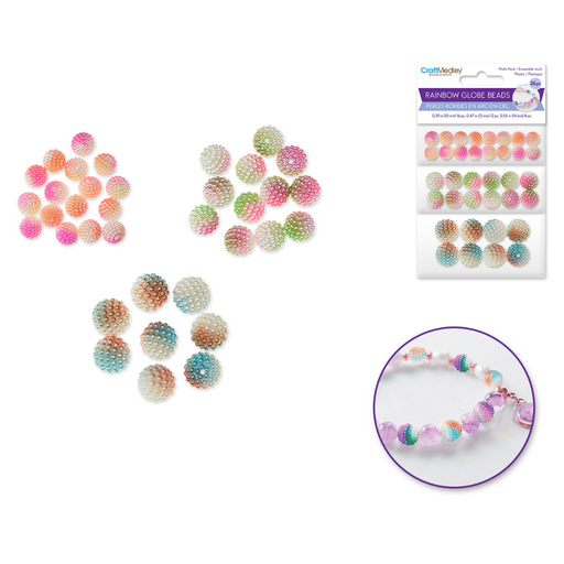 Assortment of rainbow globe beads in peach, pink, mint, and gold tones. Includes packaging and a sample project featuring a beaded bracelet with matching hues.