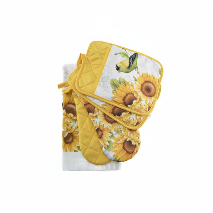 A set of kitchen potholders and a matching tea towel featuring a yellow sunflower and bird print on a white background, with quilted yellow trim.