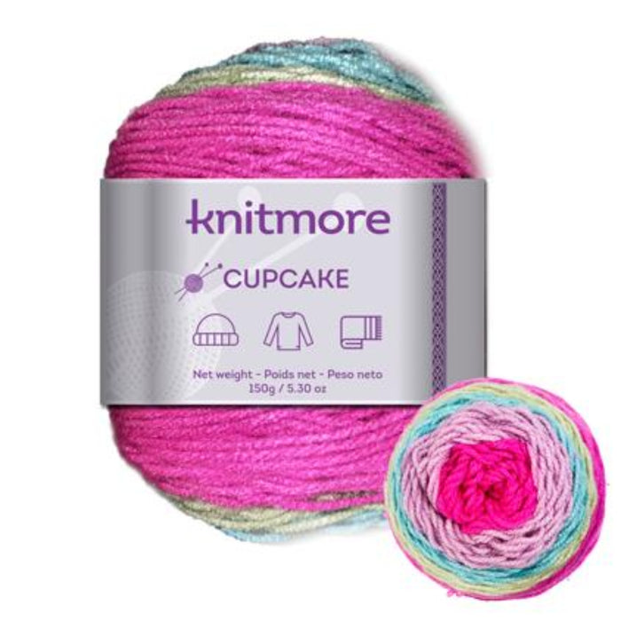Colorful yarn ball with 'Knitmore Cupcake' label on a white background