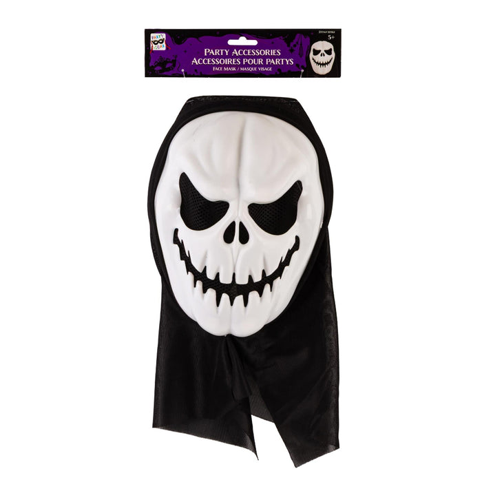 A black hooded grim reaper costume accessory with a white skull face mask, shown with its retail header card packaging on a white background.