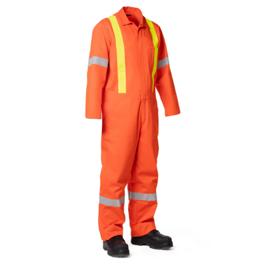 Orange safety coverall with reflective stripes on a white background