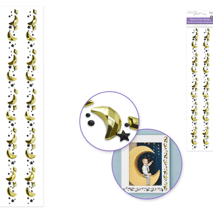 Decorative gold and black moon and star string lights with a close-up inset on a white background.