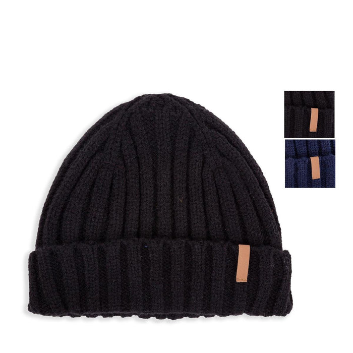 A black ribbed knit beanie hat with a small tan leather tag on the side, shown on a white background with two small inset images in the top right showing color options.