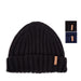 A black ribbed knit beanie hat with a small tan leather tag on the side, shown on a white background with two small inset images in the top right showing color options.