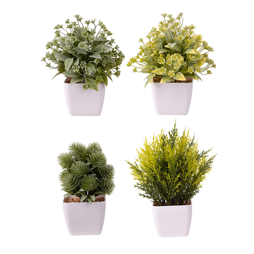 Four artificial plants in white pots on a white background