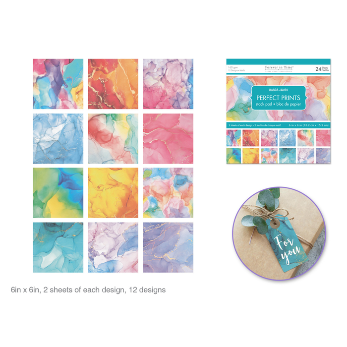 Packaging of Perfect Prints paper with colorful watercolor designs and a sample tag.