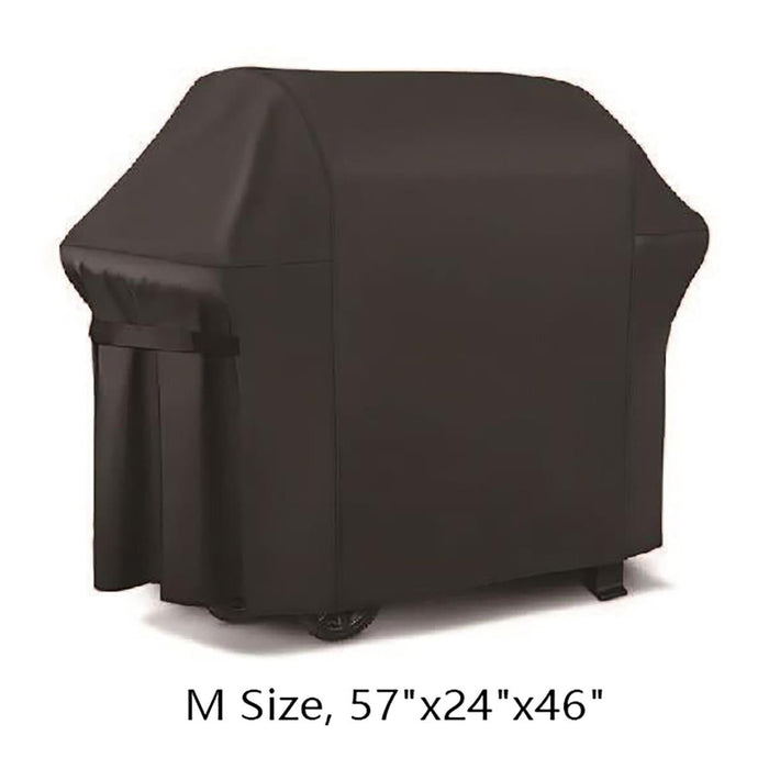 Dark brown grill cover with dimensions M Size, 57" x 24" x 46" on a white background