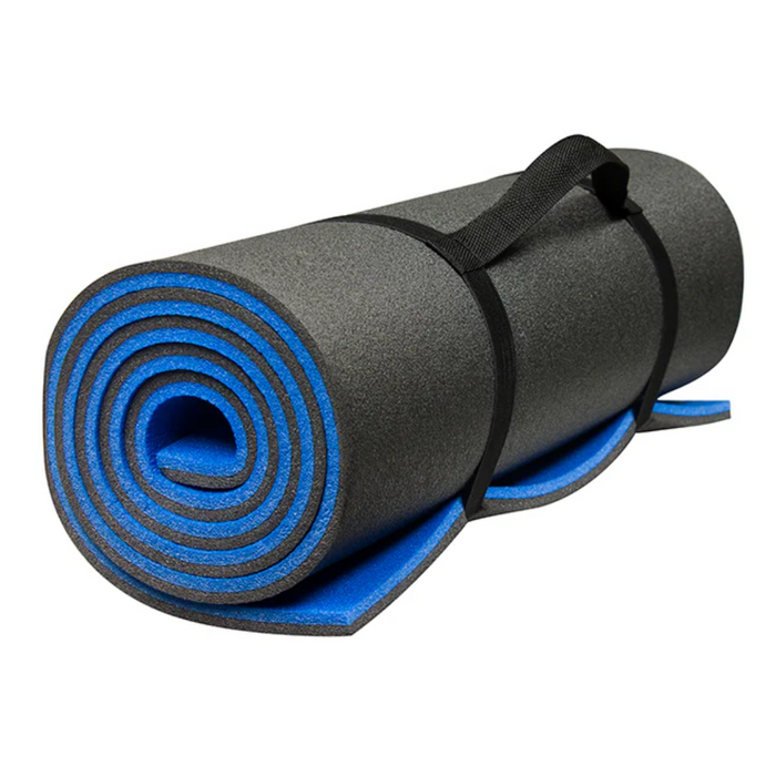 Rolling yoga mat with blue interior and black exterior on a white background