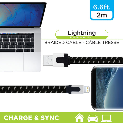 Braided Lightning cable with laptop and smartphone display, labeled 6.6ft (2m).