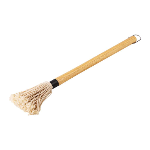 Mop with wooden handle and natural fiber head on a white background