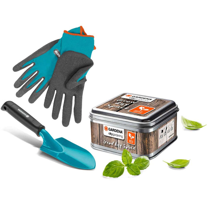 Gardening tools including gloves, a trowel, and a container with Gardena branding on a white background.