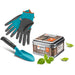 Gardening tools including gloves, a trowel, and a container with Gardena branding on a white background.