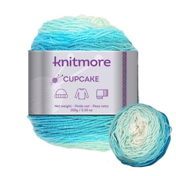 Knitmore Cupcake yarn ball with gradient color on a white background