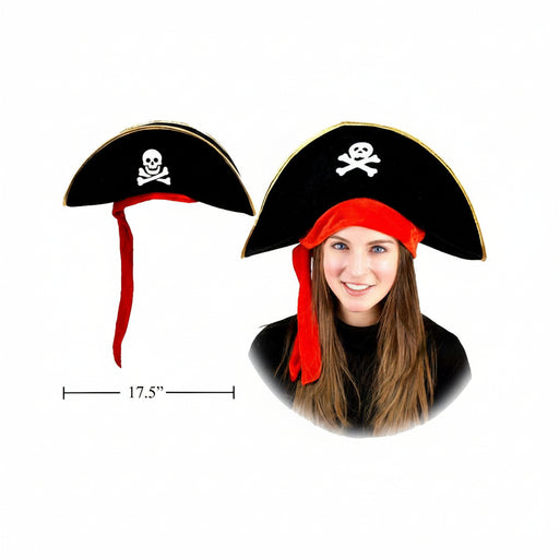 Black pirate hat with gold trim, white skull and crossbones emblem, and a red bandana with a long red hanging strap, shown both as a standalone product and worn by a model. A size marker indicates 17.