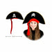 Black pirate hat with gold trim, white skull and crossbones emblem, and a red bandana with a long red hanging strap, shown both as a standalone product and worn by a model. A size marker indicates 17.