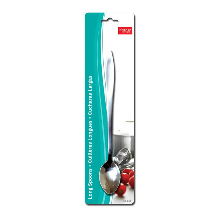 Packaging of long spoons with a turquoise and white design on a white background