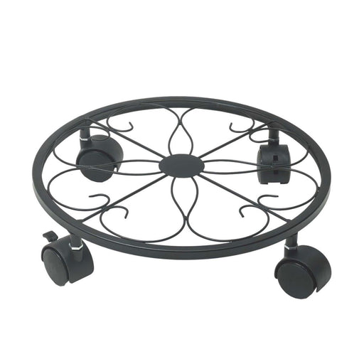 Decorative black metal plant stand with wheels on a white background