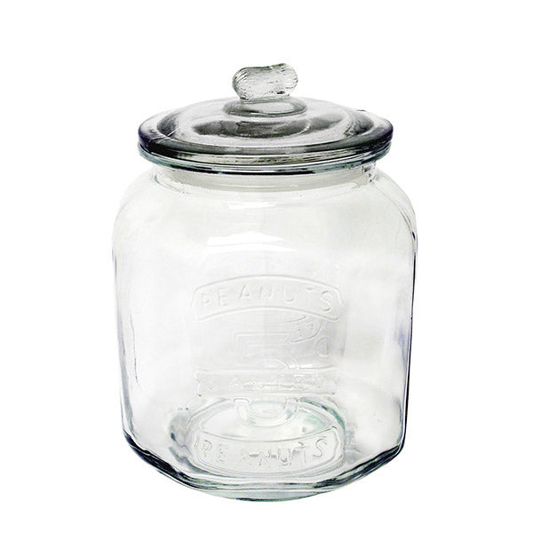 GLASS EMBOSSED PEANUT JAR WITH LID