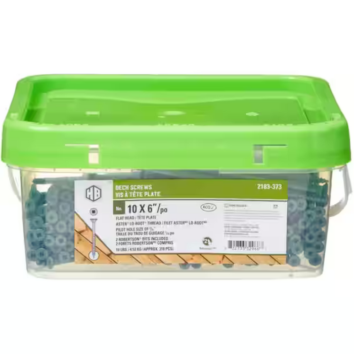 Green-lidded plastic pail of 10 x 6" flat head deck screws by HB, featuring Robertson bits and labeled for outdoor use.