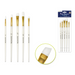 Five white nylon artist brushes with pearl shimmer plastic handles and gold ferrules in assorted shapes and sizes, shown loose and in retail packaging.