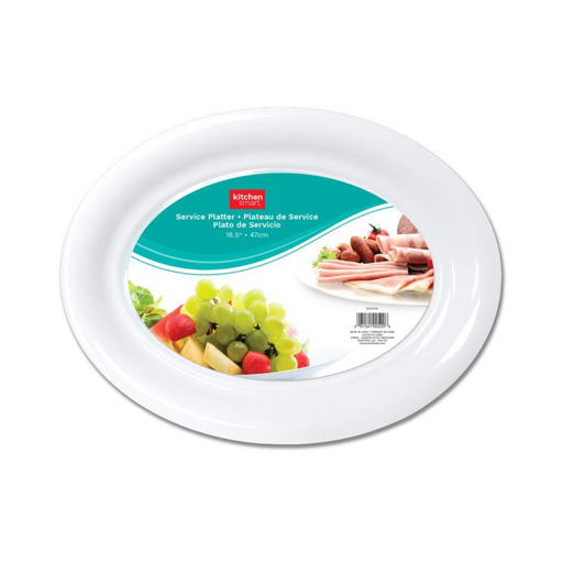 White serving platter with a label on a white background