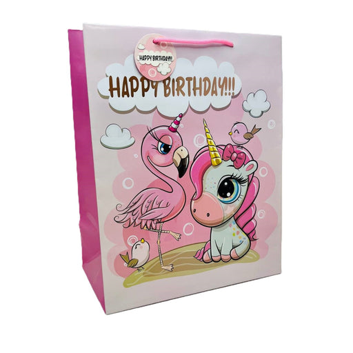 Gift bag with cartoon flamingo and unicorn design and 'Happy Birthday' text.