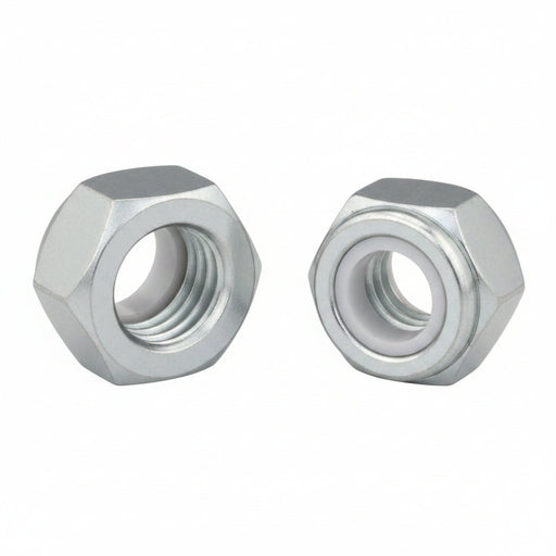 Two silver metal hex nuts shown on a plain white background, one threaded and one plain.