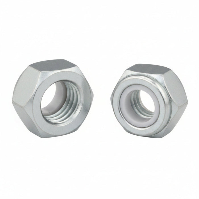 Two silver metal hex nuts shown on a plain white background, one threaded and one plain.