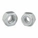 Two silver metal hex nuts shown on a plain white background, one threaded and one plain.