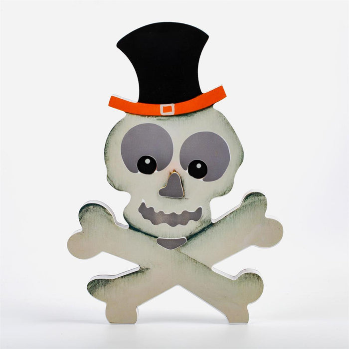 A decorative skull and crossbones cutout with a black top hat and orange band, shown on a plain light gray background.