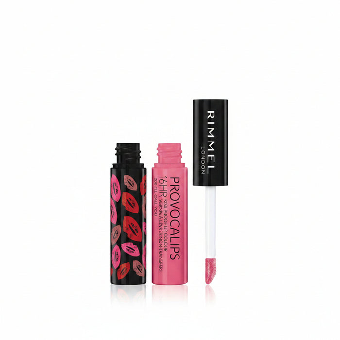 Rimmel London Provocalslips 16 Hour Kiss Proof Lip Colour set, featuring a black tube with pink lip print patterns, a pink squeeze tube, and a white applicator wand with pink gloss tip on a white background.