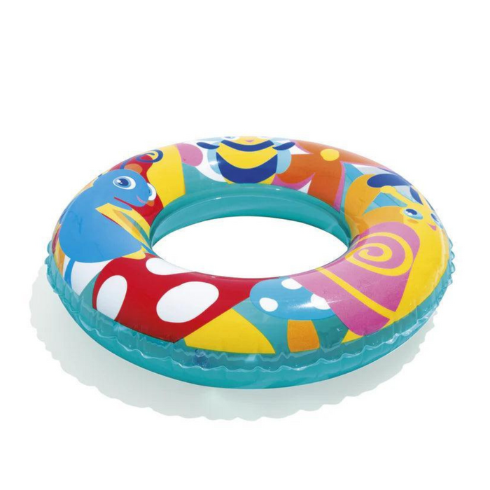 Inflatable swim tube with colorful cartoon bugs and a bee design, featuring a teal inner ring, by Bestway.