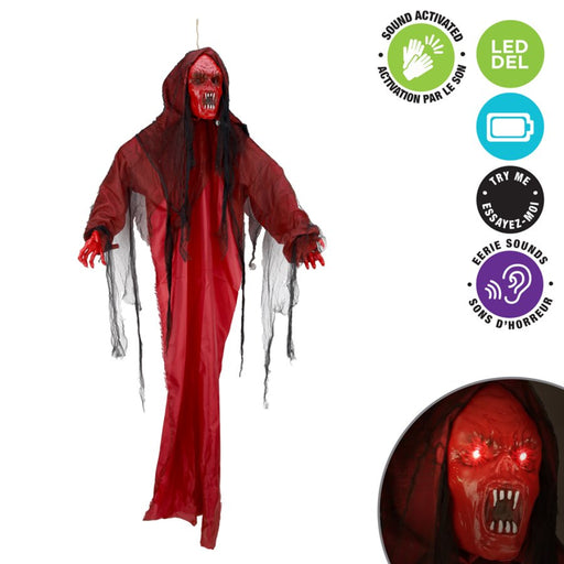 A hanging Halloween ghost decoration with a red hooded figure, long red robe, black hair, and tattered gray fabric, shown on a white background with feature icons and a close-up of the face.