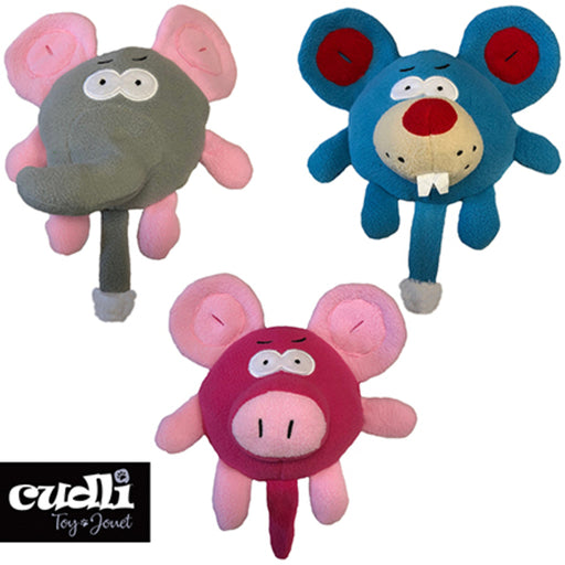 Three colorful plush toys with different animal designs on a white background, featuring the Cudli brand.