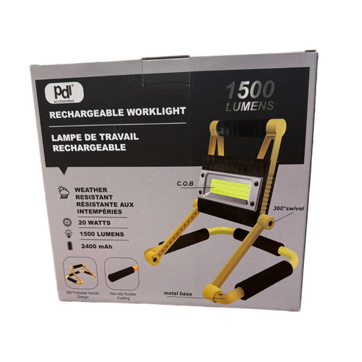 Rechargeable worklight packaging with specifications on a white background