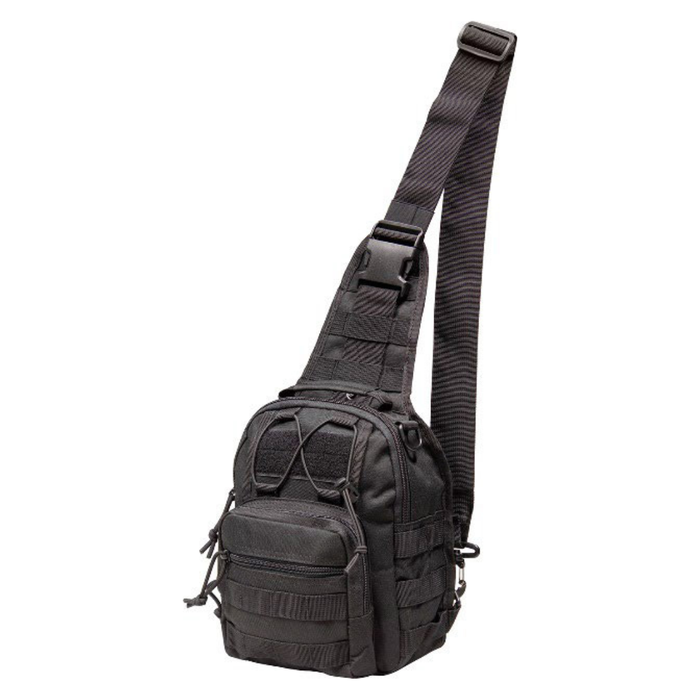 Black tactical sling bag on a white background
