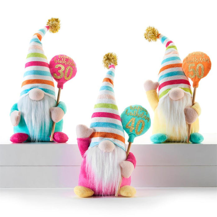 Three colorful gnome figurines with birthday balloons on a white background