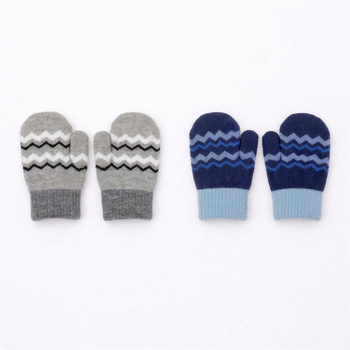 Two pairs of knit mittens on a white background. The left pair is heather gray with black, white, and gray chevron stripes and a gray cuff.