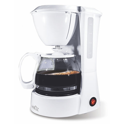 White coffee maker with a clear glass carafe on a white background